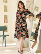Janasya Dark Rayon Floral A-Line Dress - Distacart