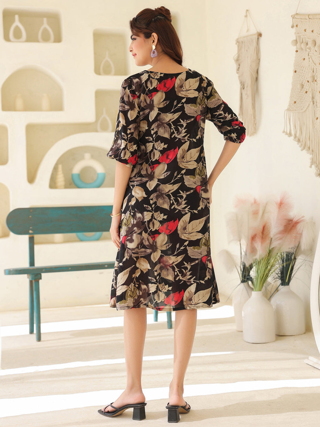Janasya Dark Rayon Floral A-Line Dress - Distacart
