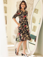 Janasya Dark Rayon Floral A-Line Dress - Distacart