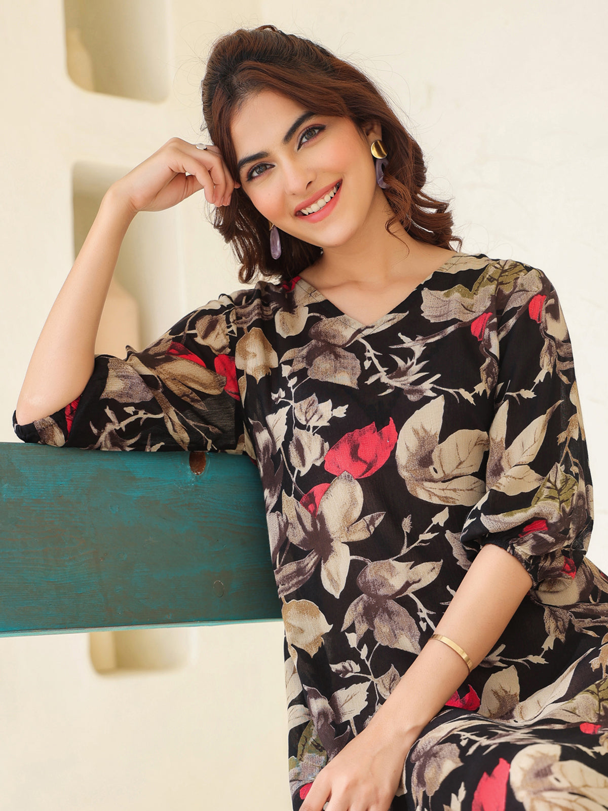 Janasya Dark Rayon Floral A-Line Dress - Distacart