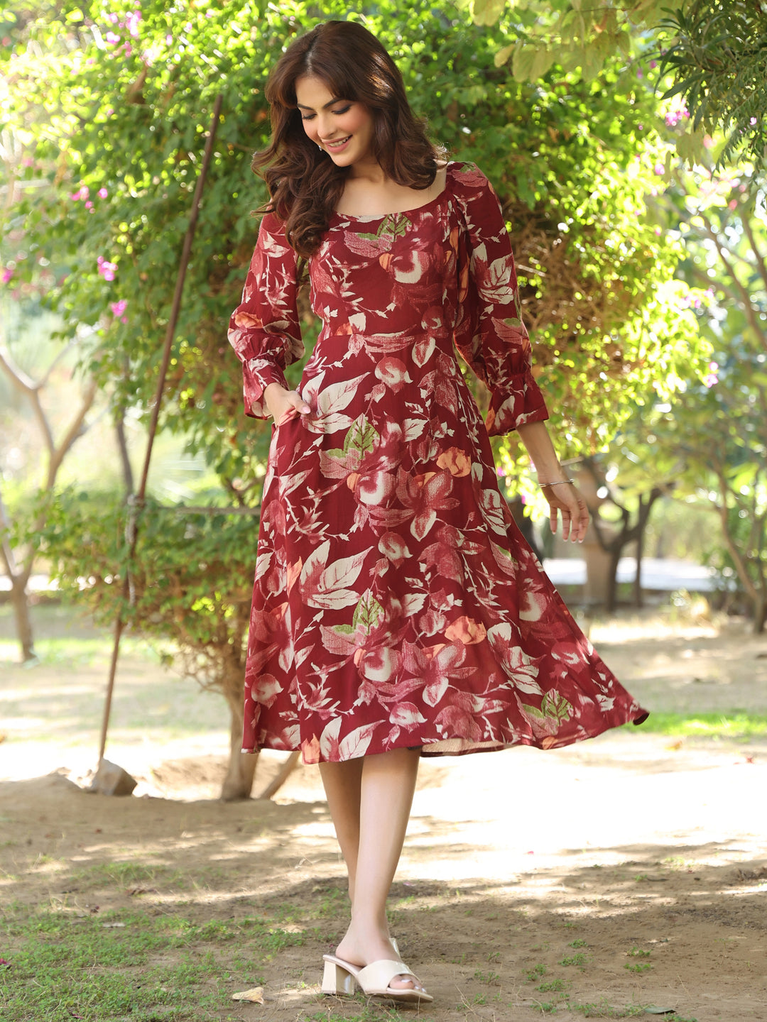 Janasya Dark Rayon Floral A-Line Dress - Distacart