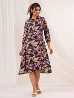 Janasya Dark Cotton Floral A-Line Dress - Distacart