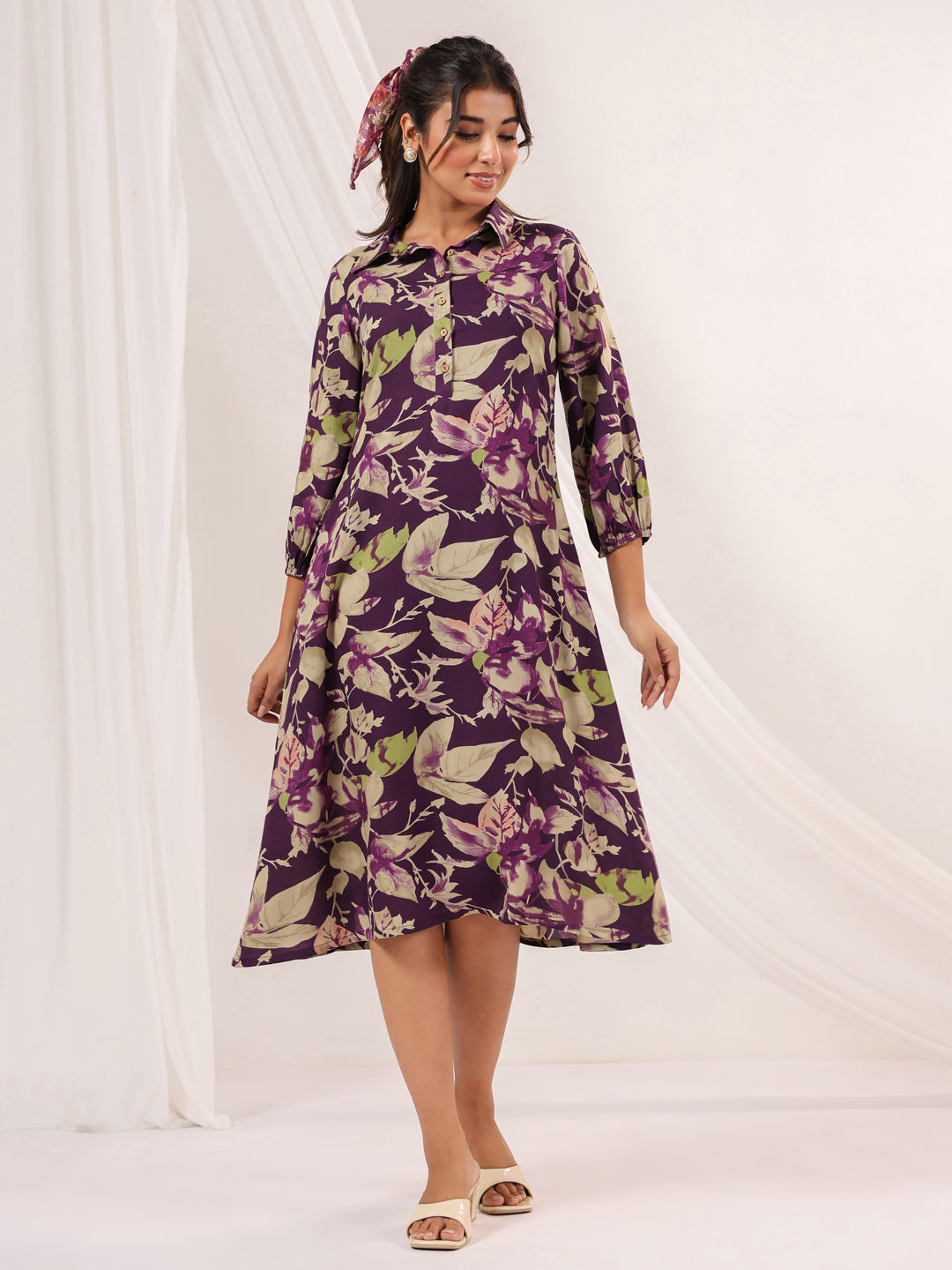 Janasya Dark Cotton Floral A-Line Dress - Distacart