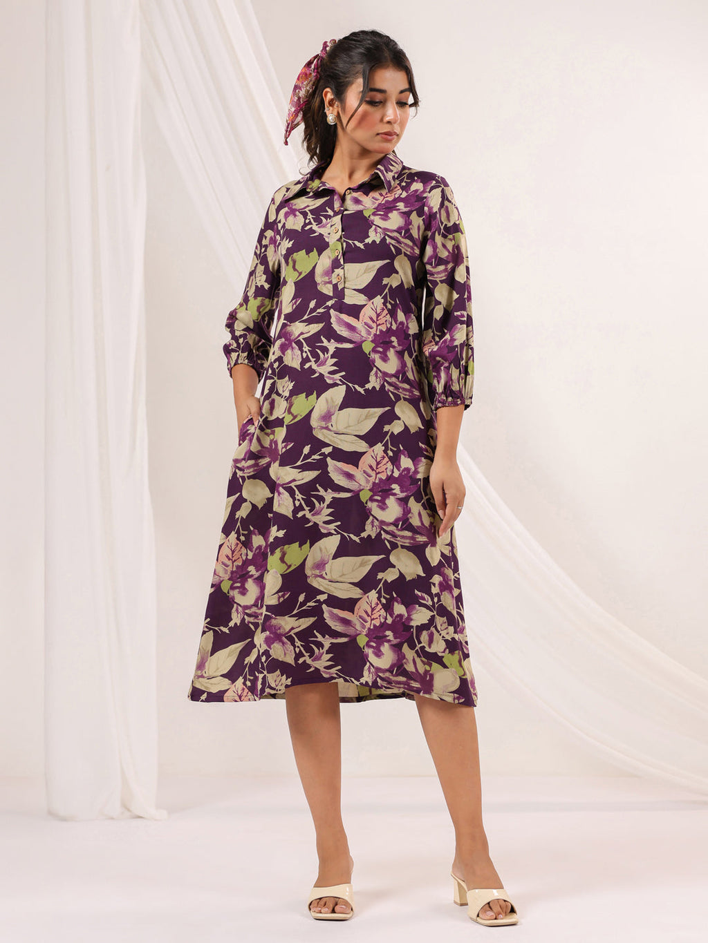 Janasya Dark Cotton Floral A-Line Dress - Distacart