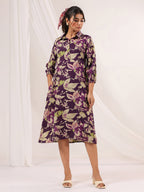 Janasya Dark Cotton Floral A-Line Dress - Distacart