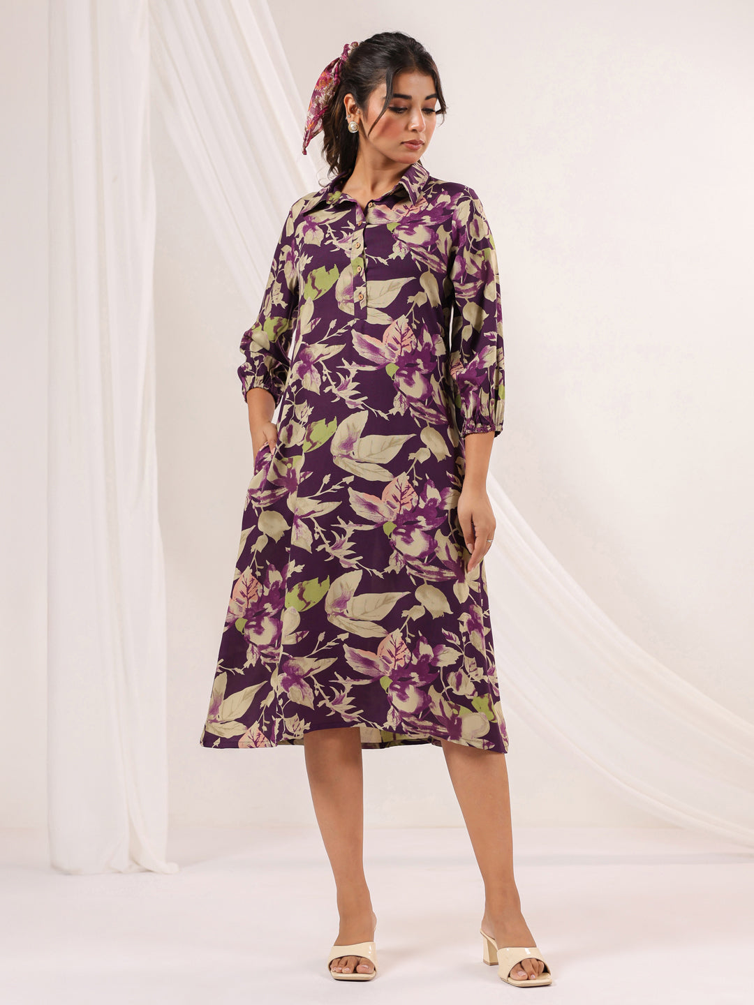 Janasya Dark Cotton Floral A-Line Dress - Distacart