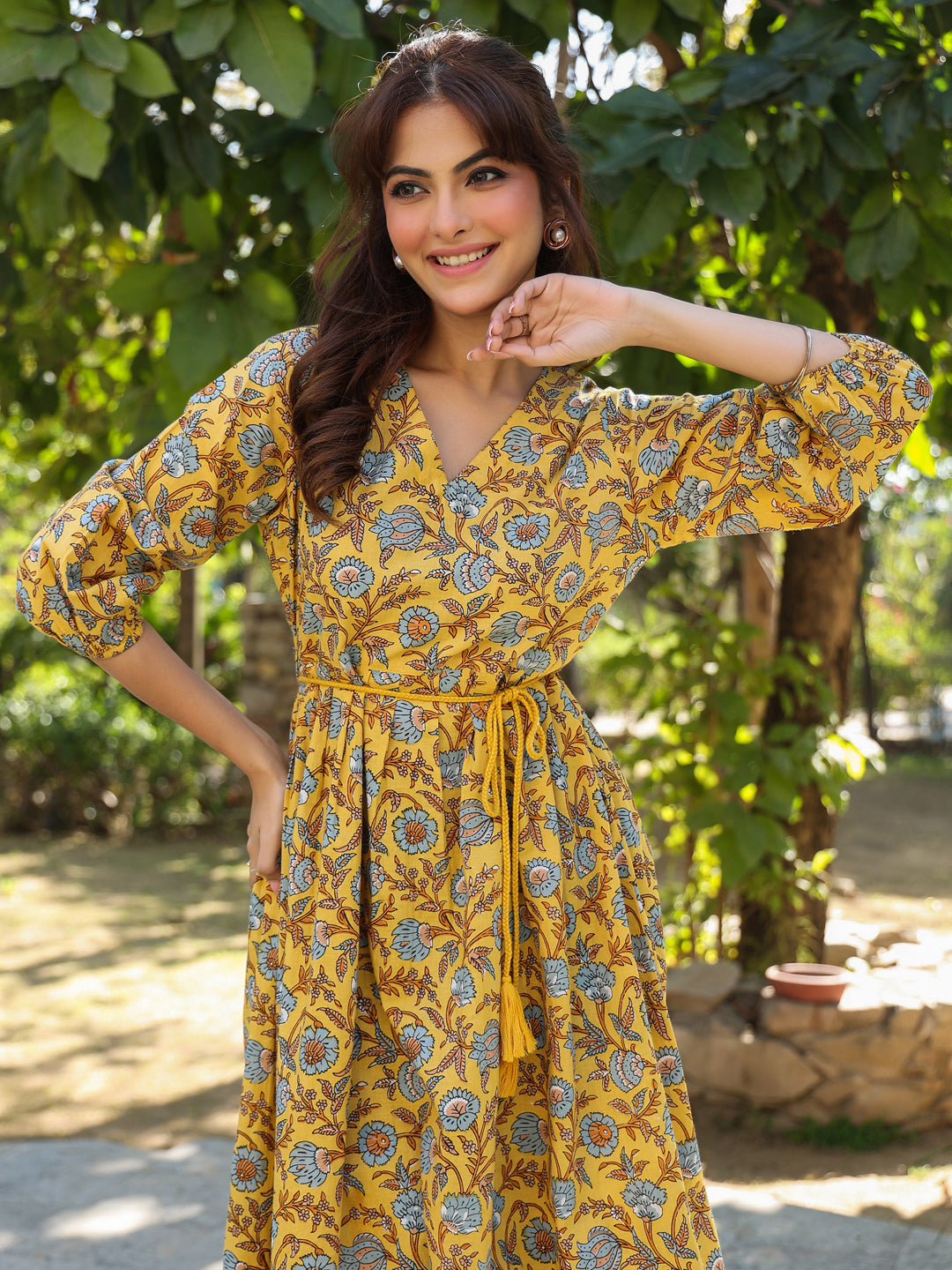 Janasya Bright Cotton Floral A-Line Dress - Distacart