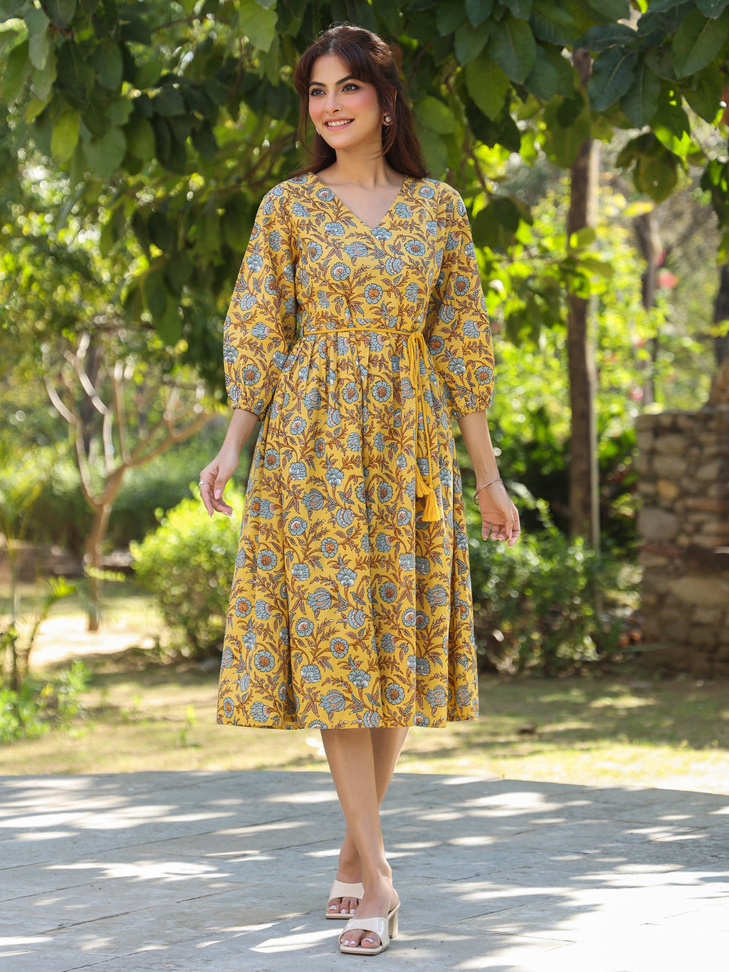 Janasya Bright Cotton Floral A-Line Dress - Distacart