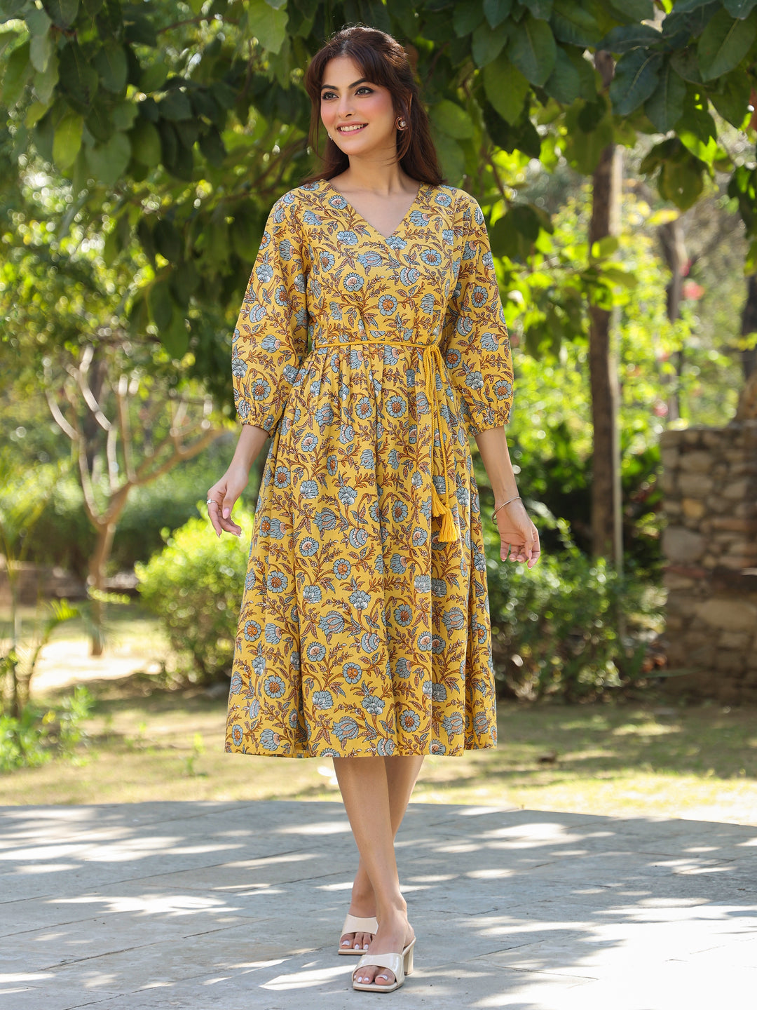 Janasya Bright Cotton Floral A-Line Dress - Distacart