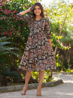 Janasya Dark Cotton Floral A-Line Dress - Distacart