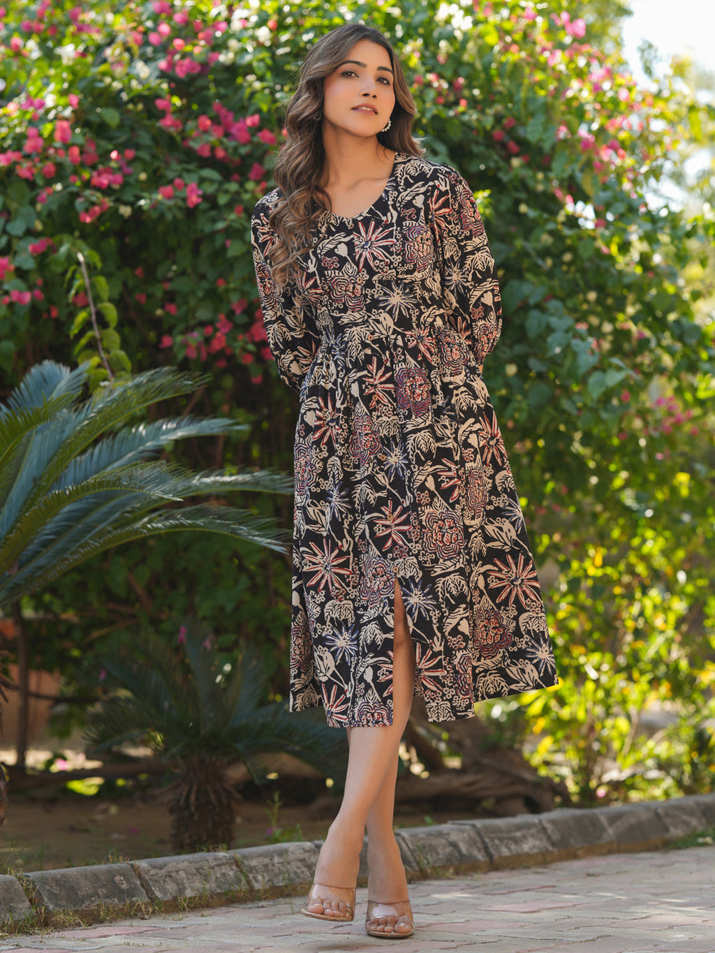 Janasya Dark Cotton Floral A-Line Dress - Distacart