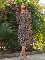 Janasya Dark Cotton Floral A-Line Dress - Distacart