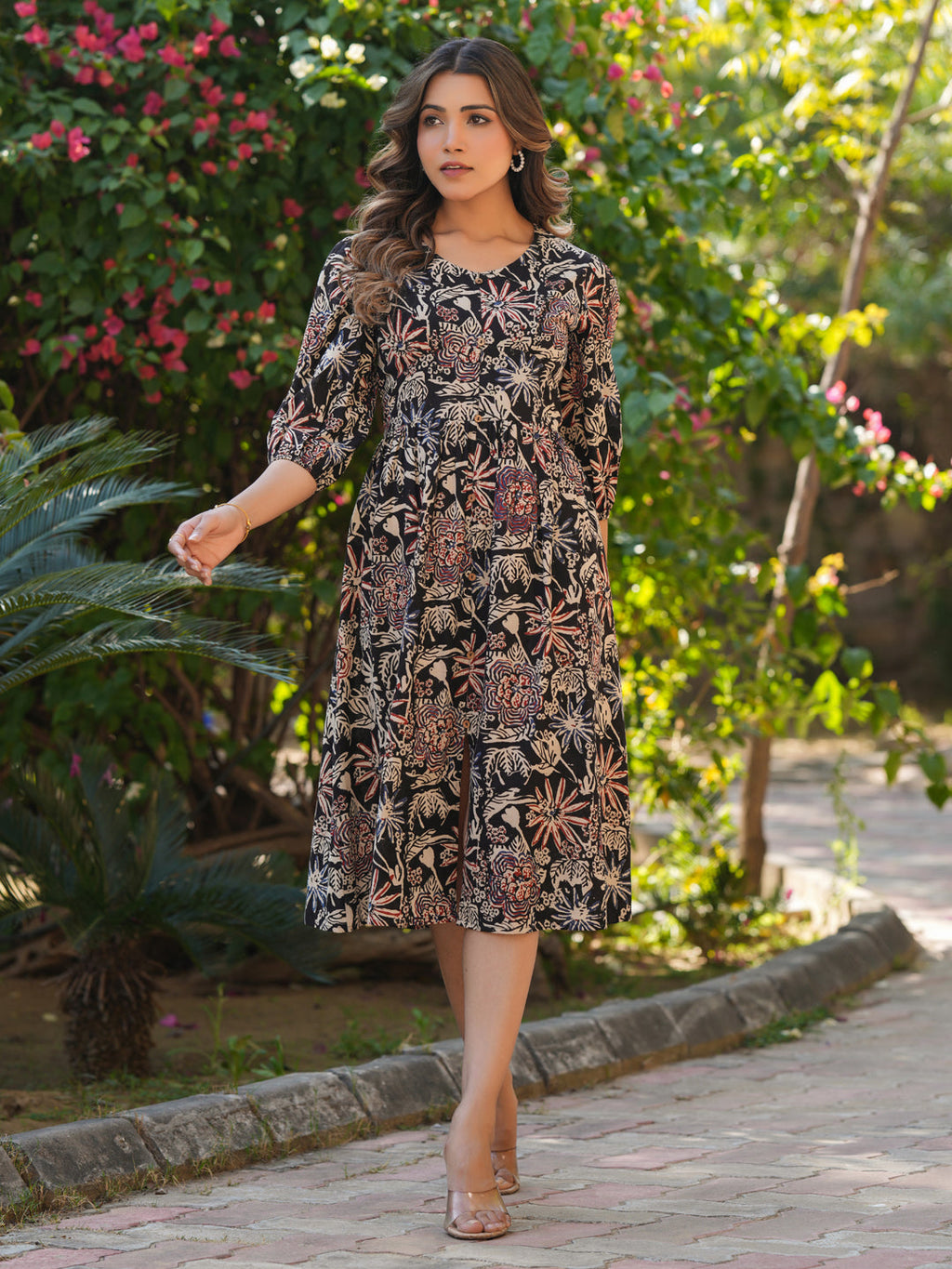 Janasya Dark Cotton Floral A-Line Dress - Distacart