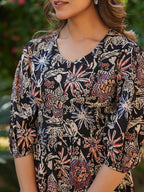Janasya Dark Cotton Floral A-Line Dress - Distacart