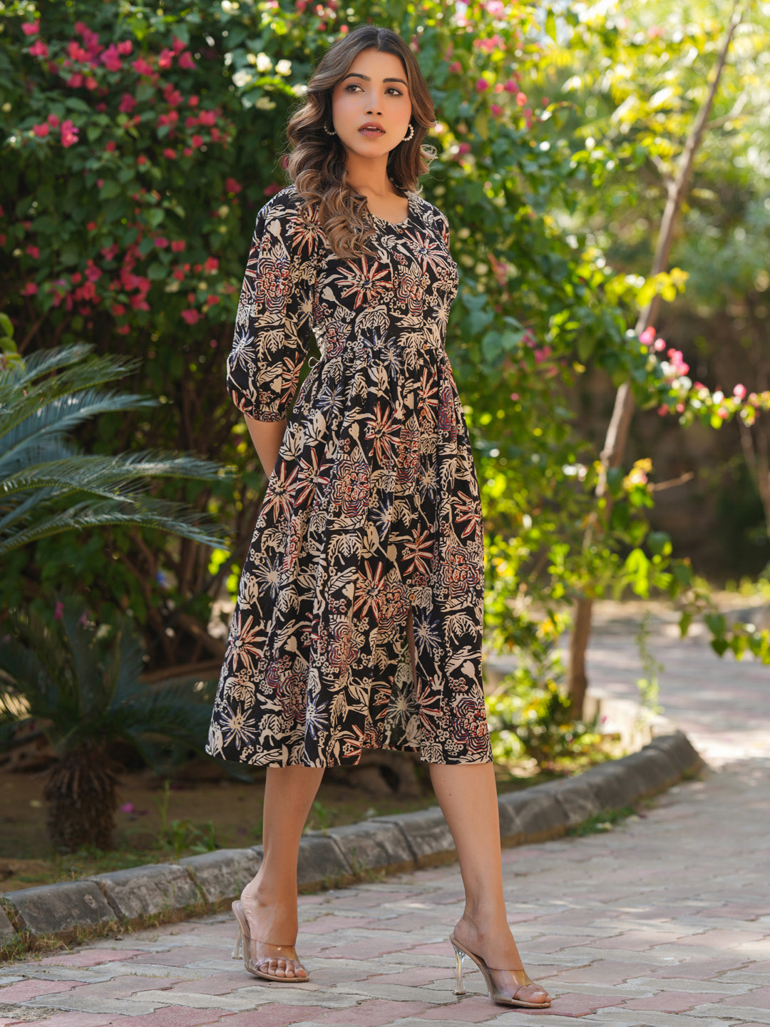 Janasya Dark Cotton Floral A-Line Dress - Distacart