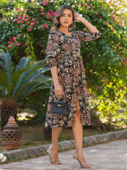 Janasya Dark Cotton Floral A-Line Dress - Distacart