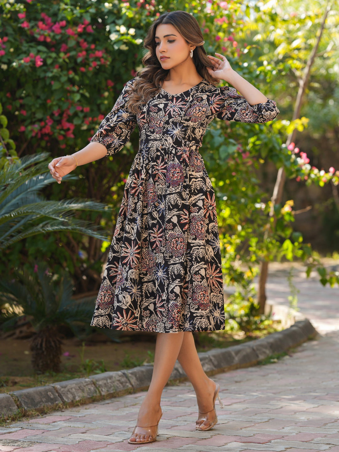 Janasya Dark Cotton Floral A-Line Dress - Distacart