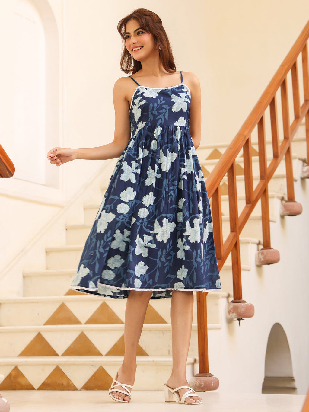Janasya Dark Cotton Floral Fit & Flare Dress - Distacart