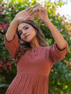 Janasya Dark Cotton Solid Gathered Dress - Distacart