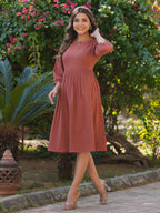 Janasya Dark Cotton Solid Gathered Dress - Distacart