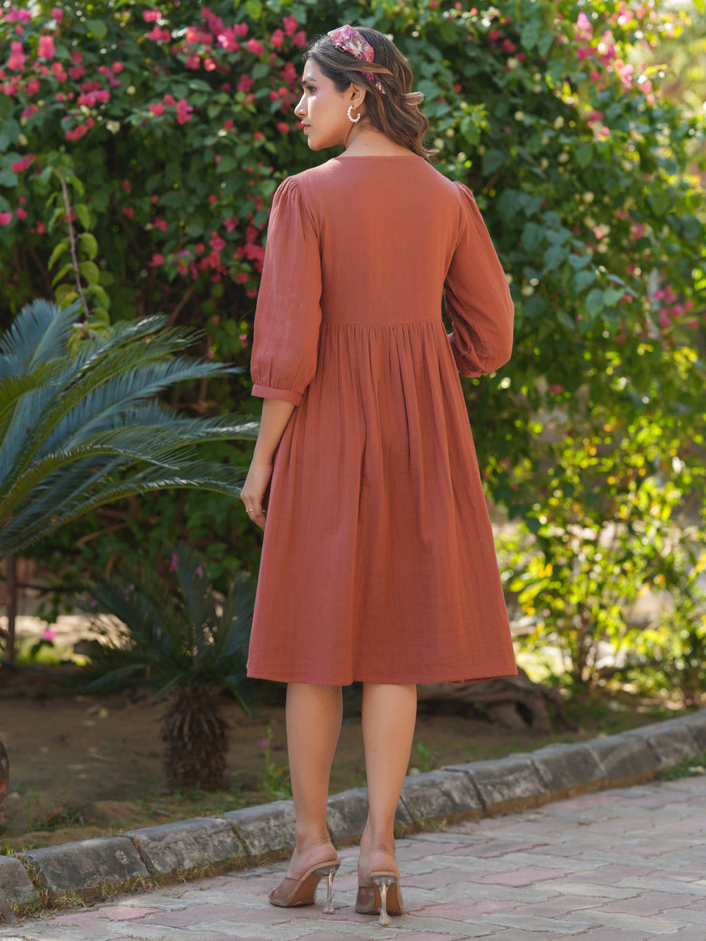 Janasya Dark Cotton Solid Gathered Dress - Distacart