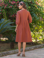 Janasya Dark Cotton Solid Gathered Dress - Distacart
