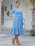 Janasya Light Cotton Schiffli Fit & Flare Dress