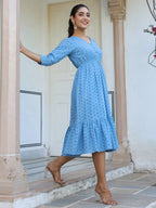Janasya Light Cotton Schiffli Fit & Flare Dress