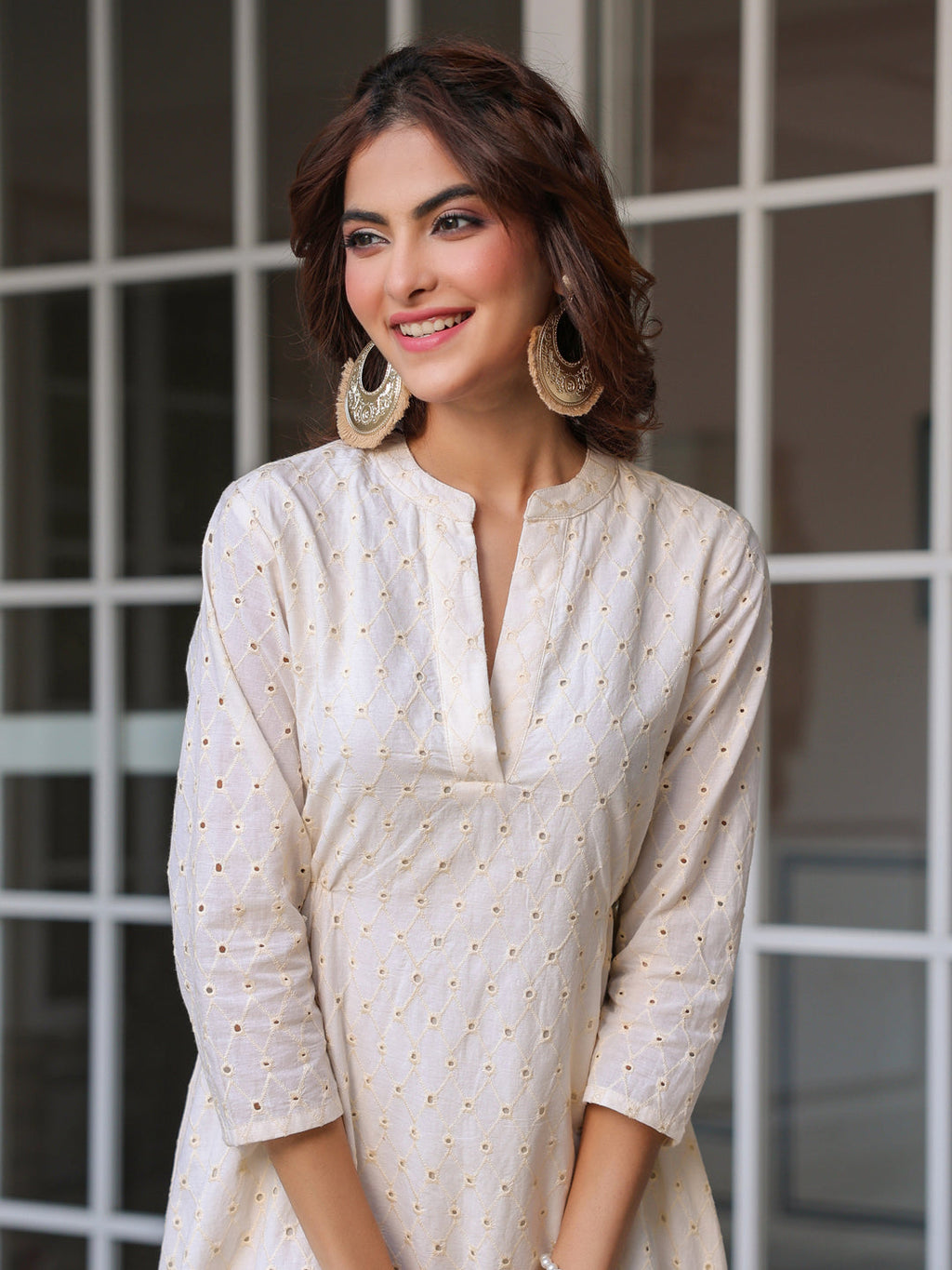 Janasya Light Cotton Schiffli A-Line Dress - Distacart