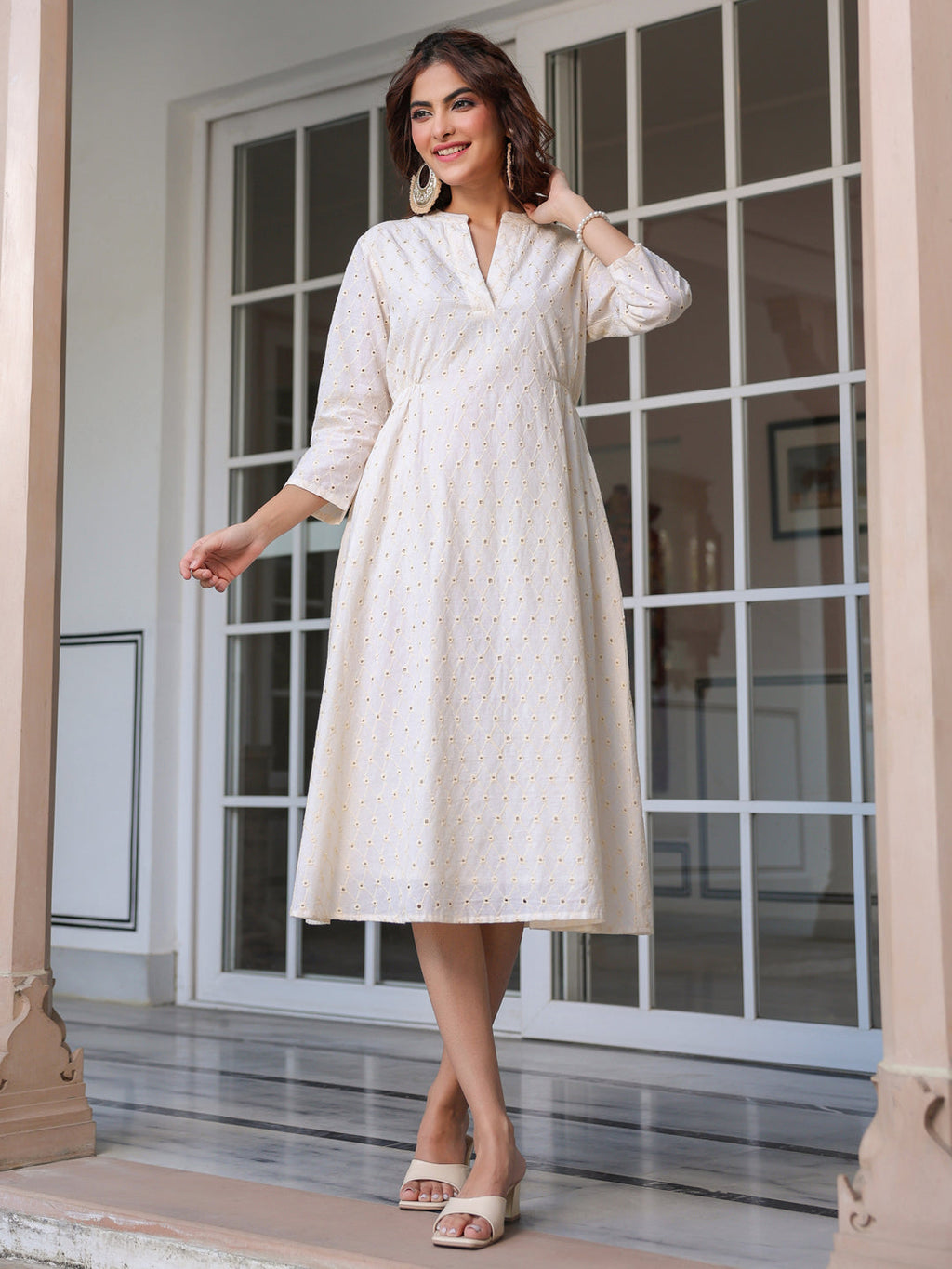 Janasya Light Cotton Schiffli A-Line Dress - Distacart
