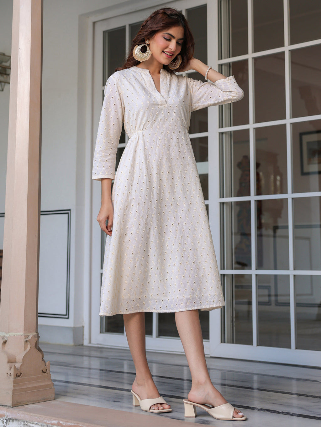 Janasya Light Cotton Schiffli A-Line Dress - Distacart