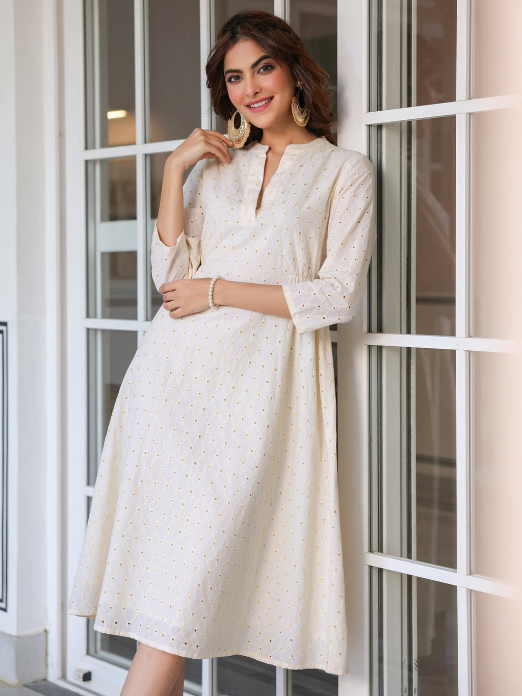 Janasya Light Cotton Schiffli A-Line Dress - Distacart