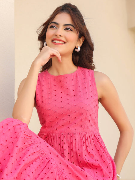 Janasya Bright Cotton Schiffli Fit & Flare Dress