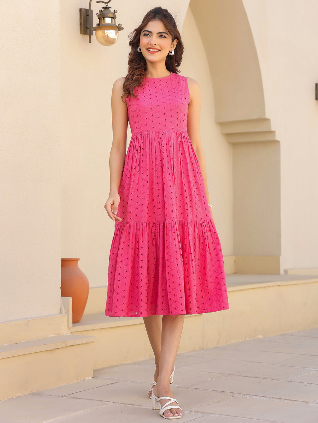 Janasya Bright Cotton Schiffli Fit & Flare Dress - Distacart