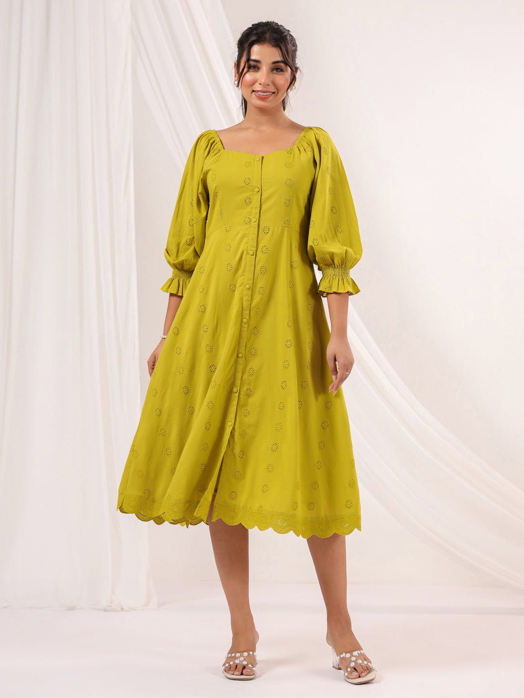 Janasya Dark Cotton Schiffli A-Line Dress - Distacart