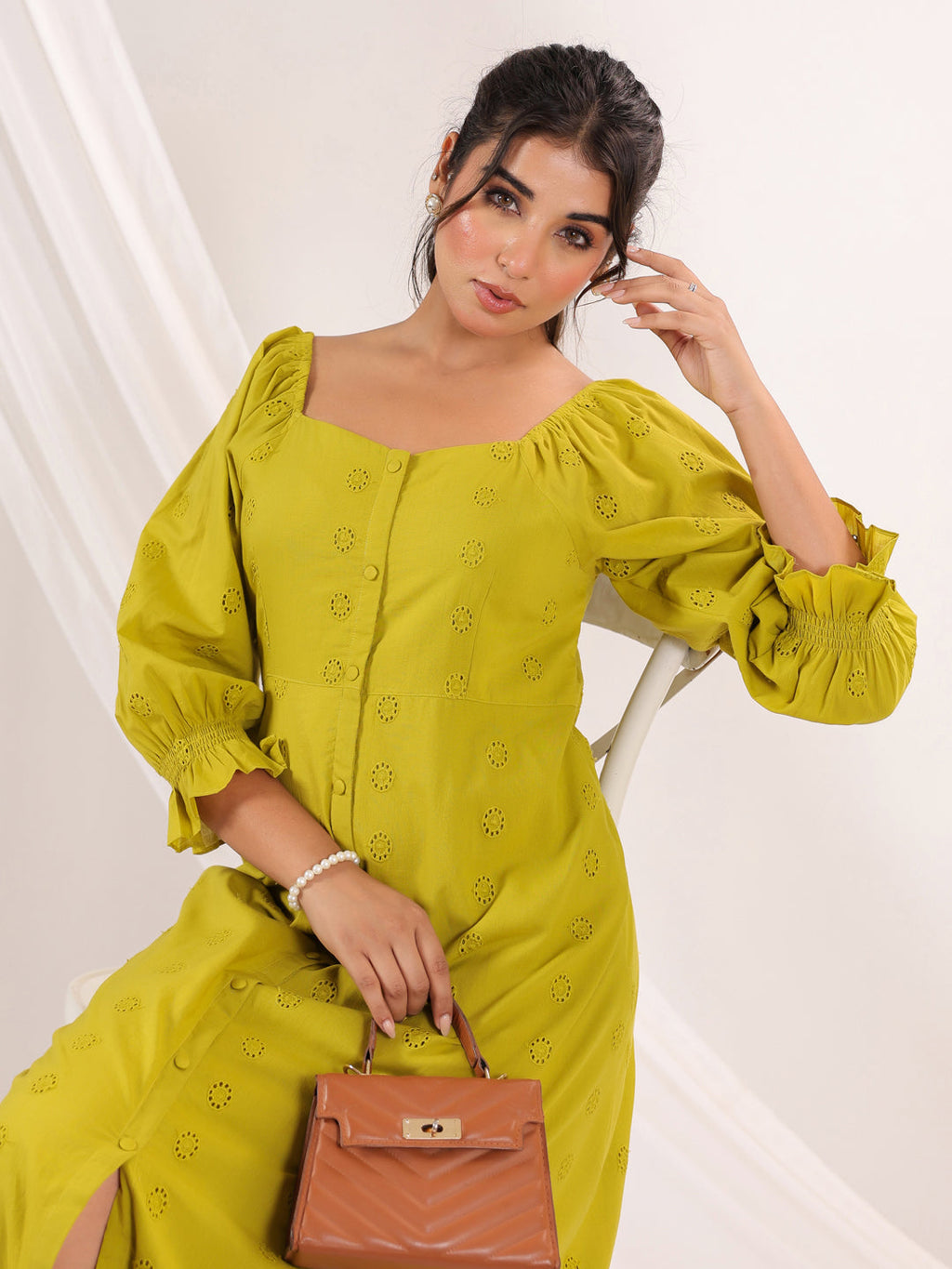 Janasya Dark Cotton Schiffli A-Line Dress - Distacart