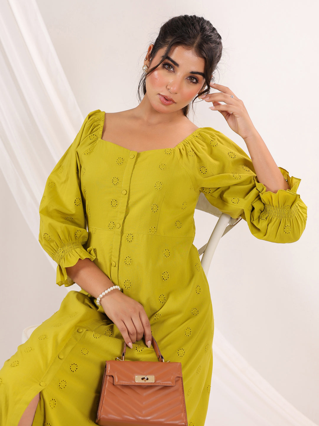 Janasya Dark Cotton Schiffli A-Line Dress - Distacart
