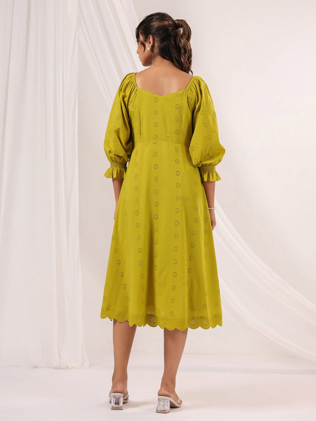 Janasya Dark Cotton Schiffli A-Line Dress - Distacart