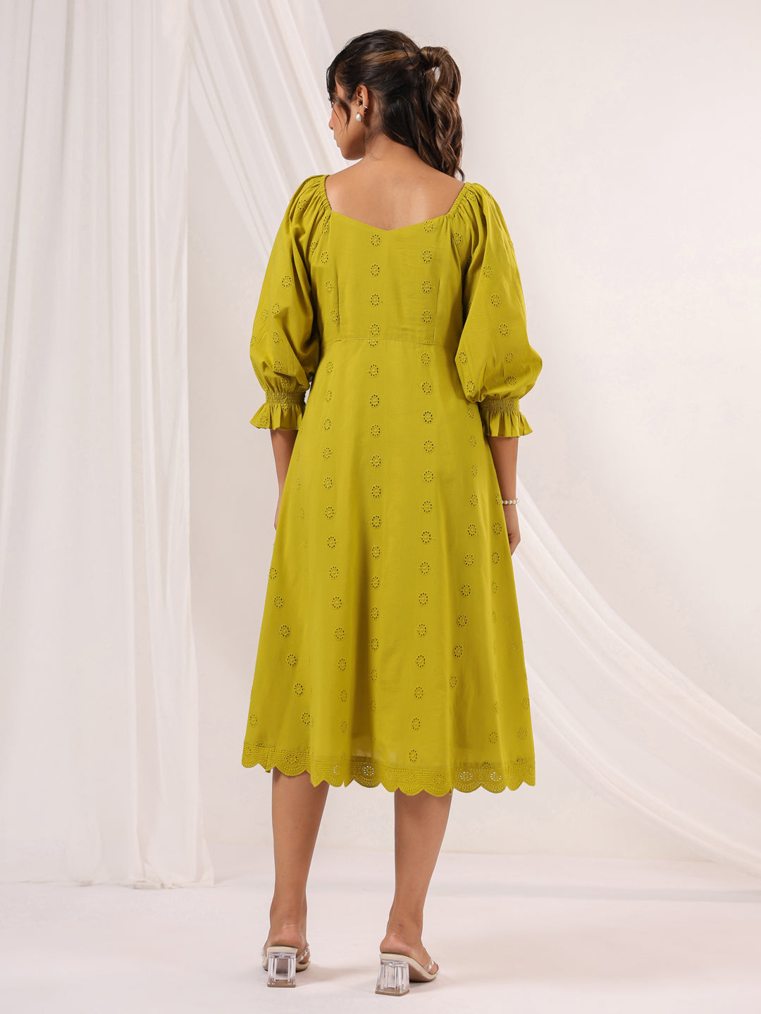 Janasya Dark Cotton Schiffli A-Line Dress - Distacart