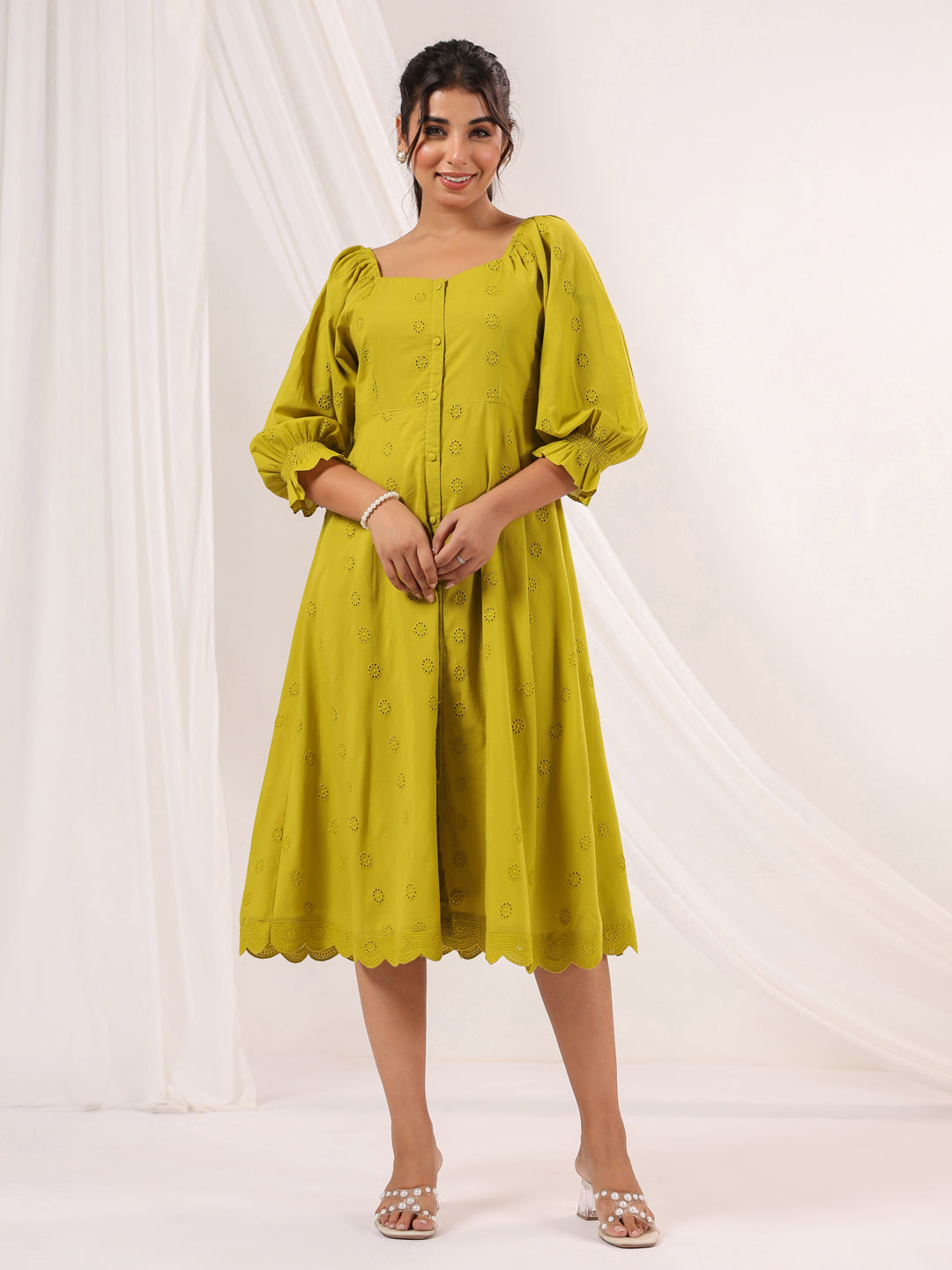 Janasya Dark Cotton Schiffli A-Line Dress - Distacart