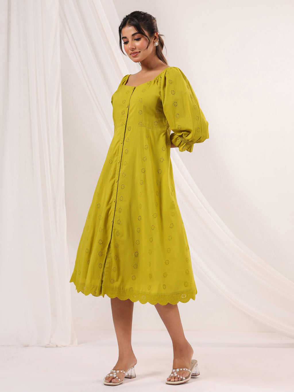 Janasya Dark Cotton Schiffli A-Line Dress - Distacart