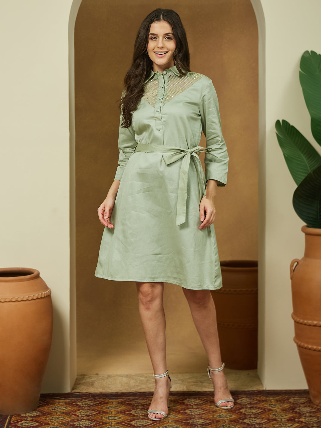 Janasya Light Cotton Yoke Design A-Line Dress