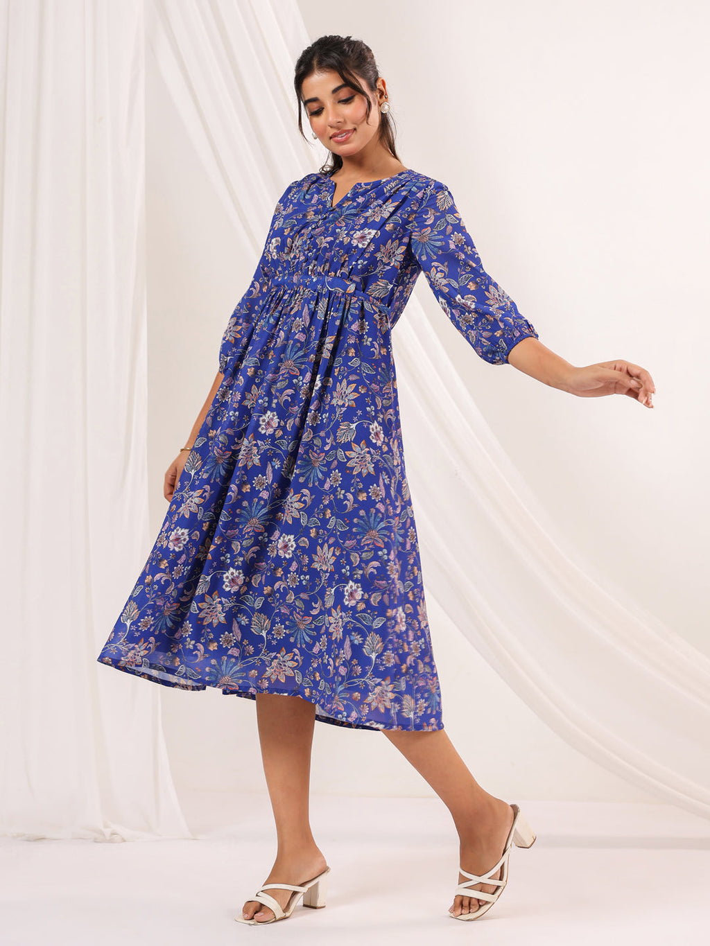 Janasya Dark Georgette Floral A-Line Dress - Distacart