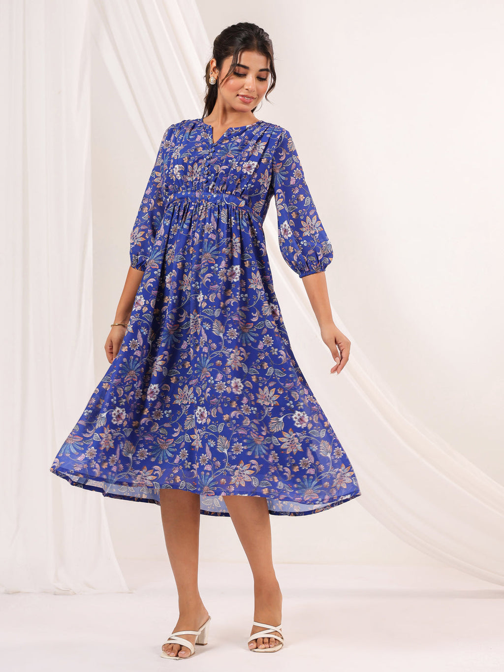 Janasya Dark Georgette Floral A-Line Dress - Distacart