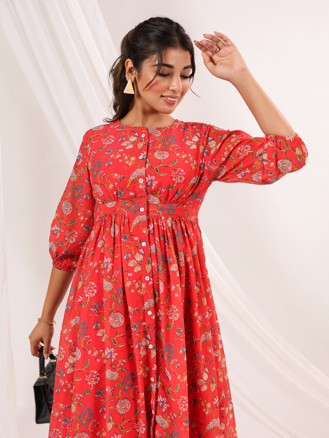 Janasya Bright Georgette Floral Gathered Dress - Distacart