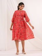 Janasya Bright Georgette Floral Gathered Dress - Distacart