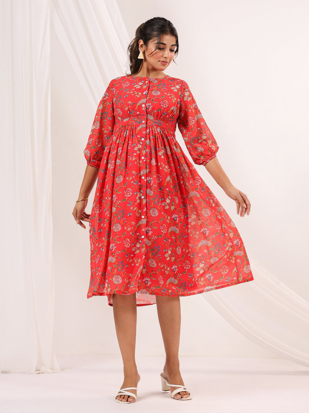 Janasya Bright Georgette Floral Gathered Dress - Distacart