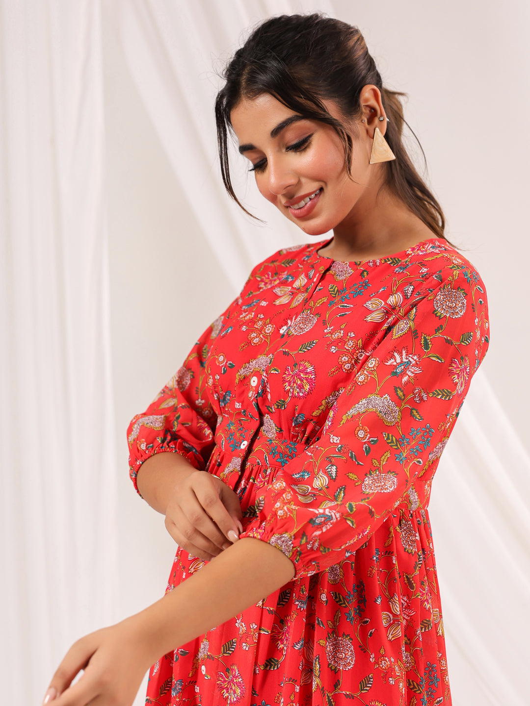Janasya Bright Georgette Floral Gathered Dress - Distacart