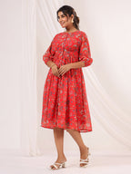 Janasya Bright Georgette Floral Gathered Dress - Distacart