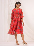 Janasya Bright Georgette Floral Gathered Dress - Distacart